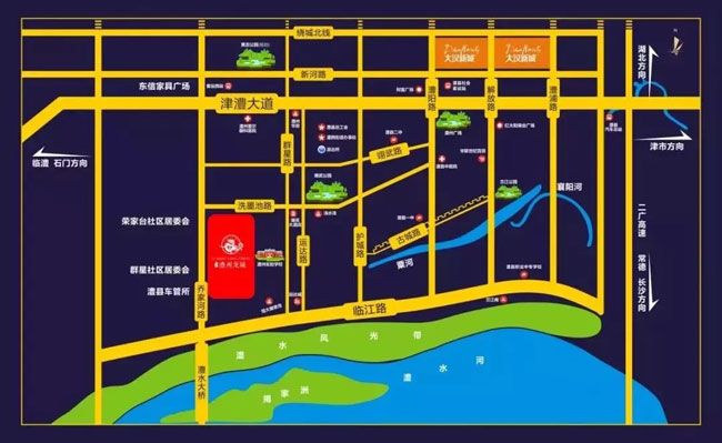 澧县大汉澧州龙城怎么样？项目总占地141亩，实际建筑面约约30万平米，小区规划住宅1732户、容积率2.6，停车位1559个，位于乔家河路与洗墨池路交汇处。