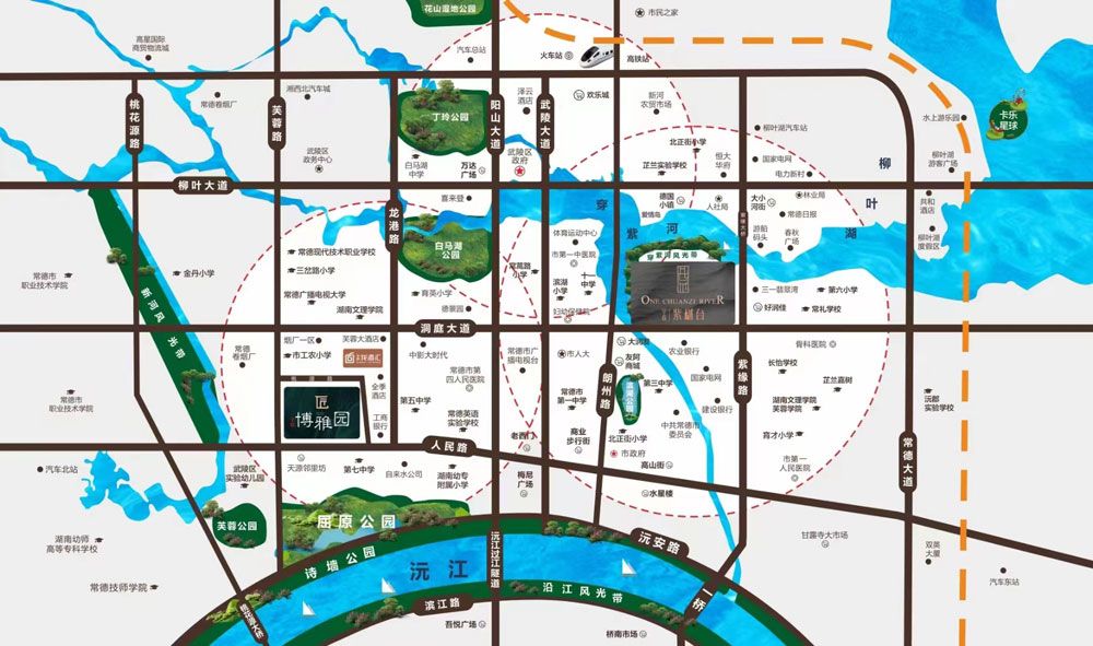 常德华政紫樾台在哪里？项目总建筑面积40205.1㎡，总占地面积9663.87㎡（一期），容积率3.3（一期），绿化率39.99%，建面约207/213㎡空中墅大平层。