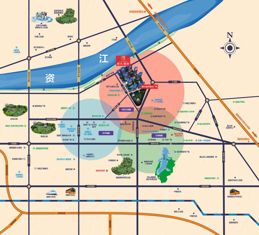 益阳德大揽胜怎么样?项目占地面积46662 ㎡,建筑面积约16万㎡,停车位1138个,小区规划户数956户，益阳德大揽胜位于益阳赫山区龙洲路与关公路交汇处。