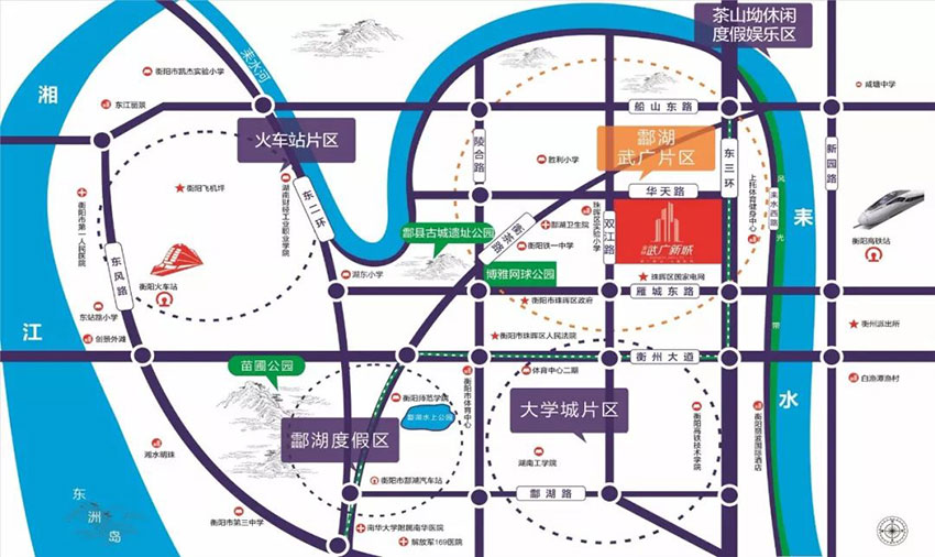 衡阳金钟武广新城怎么样?项目位于珠晖区东三环与雁城东路交汇处,总占地面积68206㎡,绿化率42%，小区楼栋总数为7栋，规划住宅总户数1372户。