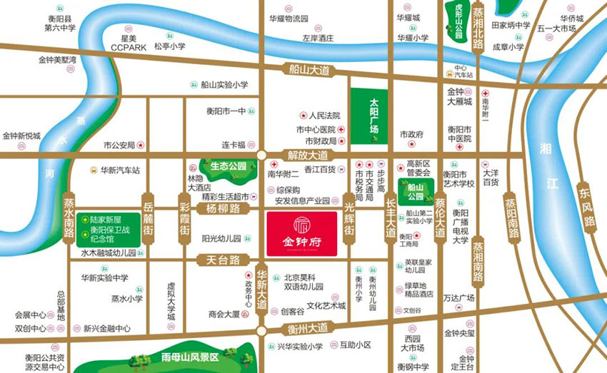 衡阳金钟府二期怎么样？项目位于蒸湘区天台路与光辉路交汇处，总占地面积96316.27㎡，主打一梯一户高层住宅及双钥匙公寓、甲级写字楼、五星级酒店一站式金融中心等全线产品。