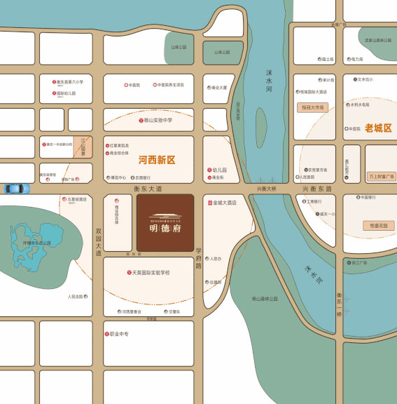 ​衡东县明德府位于衡东县河西新区衡东大道与学府路交汇处，项目总占地面积31856㎡，实际建筑面积141001.42㎡，容积率3.6 ，绿化率35%，由开发商湖南凯樽房地产开发有限公司倾力打造。