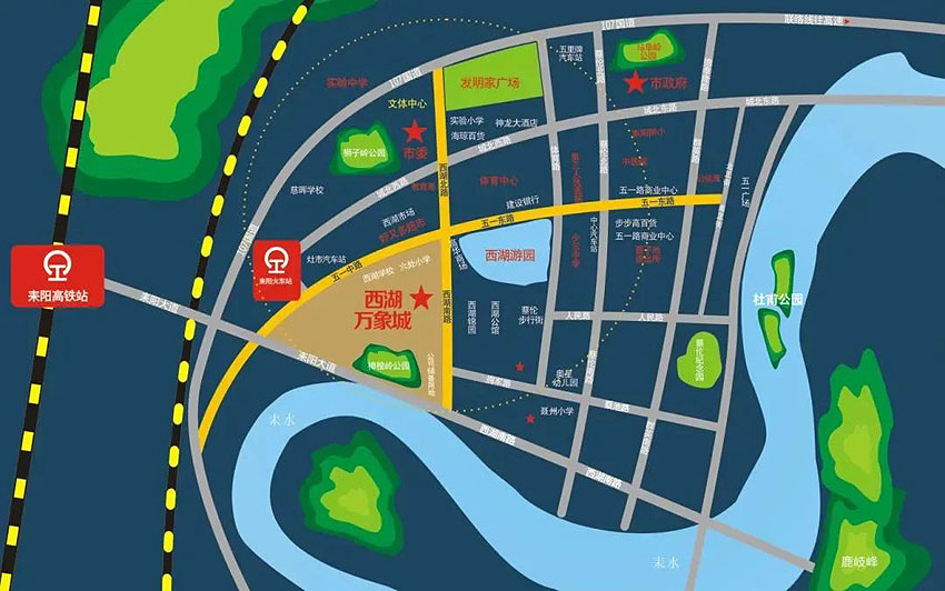 耒阳市西湖万象城位于耒阳市五一路与西湖路交汇处（西湖游园旁），项目总占地面积9164.53㎡，实际建筑面积239558.69㎡，容积率4.46 ，绿化率45.3%，开发商：耒阳万恒房地产开发有限公司。