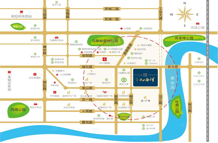 耒阳市九曲河位于耒阳市沿江路与耒阳新大桥交汇处，项目占地面积约20亩，规划总户数505户，项目由3栋楼32层的高层电梯房和1~3层商业街及2层地下室组成。