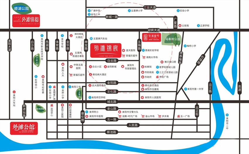 耒阳外滩锦宸位于耒阳市白云路54潮街入口处，项目总占地35亩，实际总建筑面积约9万方，规划为4栋高层住宅+综合商业，小区规划住宅总户数500余户，开发商：衡阳超越房地产开发有限公司。