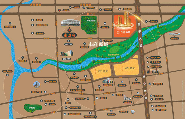 常宁合兴新城位于常宁市常宁大道潭水河南岸，项目总占地面积约350亩，实际建筑面积约60万方，规划建设成集居住、风情商业街、滨河风光带等多元业态为一体的大城。