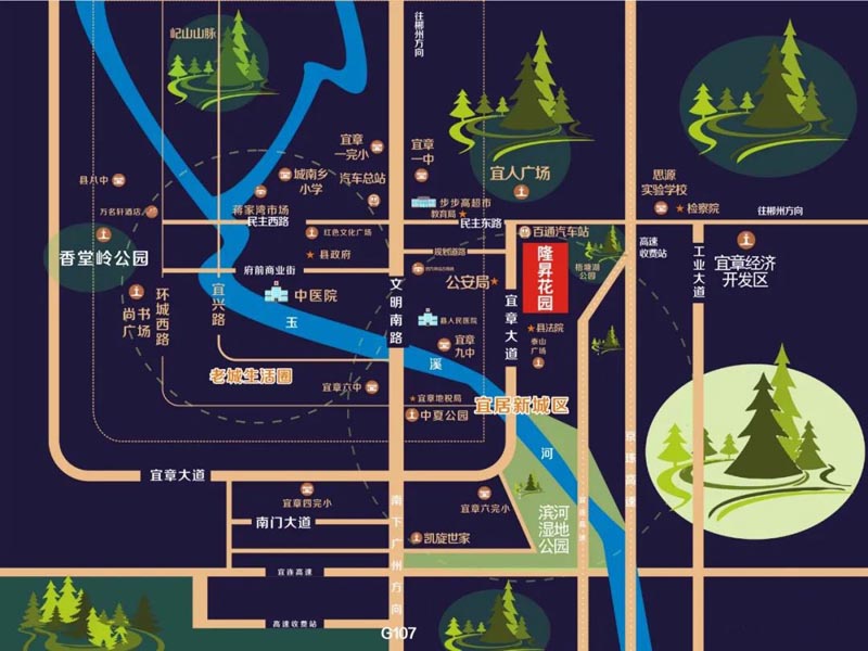 宜章隆昇花园怎么样？项目总占地61272平米，实际建面约250000.0平米，绿化率40%，小区规划住宅1498户，停车位1794个；楼盘坐落在宜章县新公安局对面百通汽车站旁。