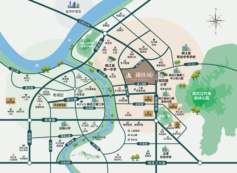 桃江锦绣城二期楼盘怎么样？项目占地面积19927㎡，建筑面积10.6万㎡，由6栋25-27层第四代空中花园住宅和沿街商业合围而成的高品质社区。开发商：桃江县宏运房地产开发有限责任公司。