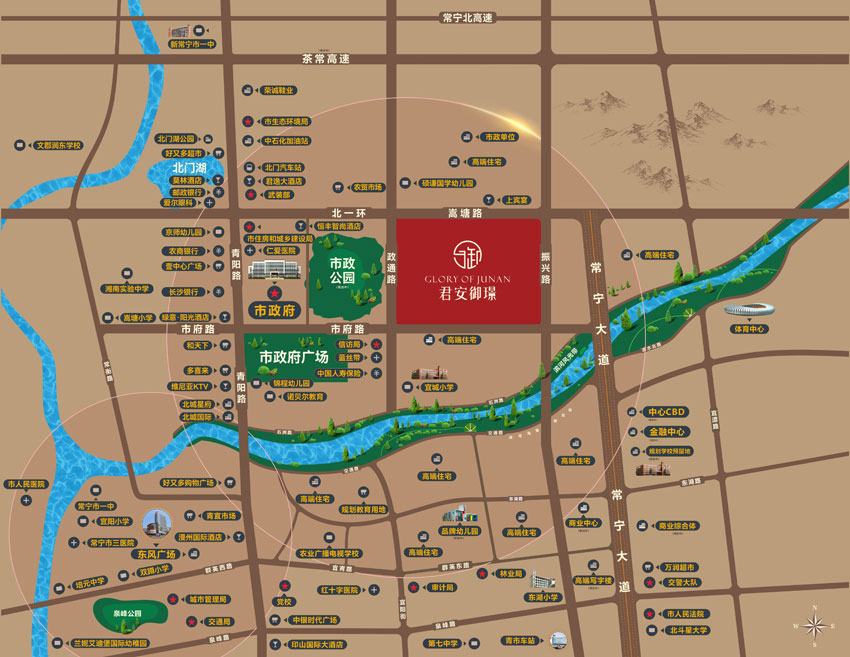 常宁君安御璟规模可观，项目总占地面积达 78165.9㎡，总建筑面积为 245626.4㎡ ，容积率为 3.0。尤为值得一提的是，这里规划有约 3 万㎡的中心景观园林，为业主勾勒出一片充满诗意与自然的生活天地。