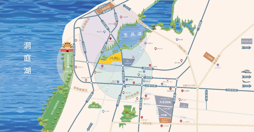 岳阳天伦东湖院占地面积约103 亩，建筑面积达约16 万平方米，规模适中，却精致而不失大气。项目的容积率为 1.7，较低的容积率意味着更为宽敞的居住空间和更舒适的生活环境。绿地率达到35%。