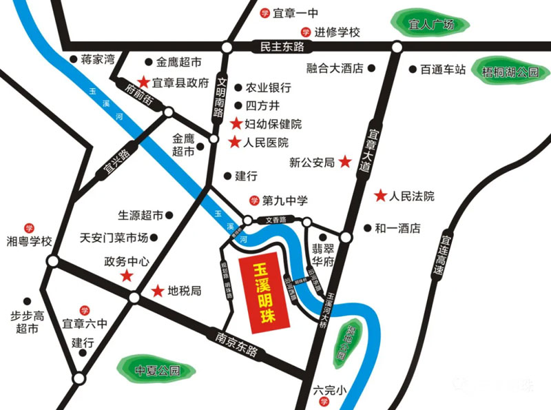 宜章玉溪明珠位于宜章县九中河对面，临水而建，周边配套完善，项目户型为建面约105-210㎡（3房/4房/6房），由宜章玉溪河综合投资开发有限公司将心打造。