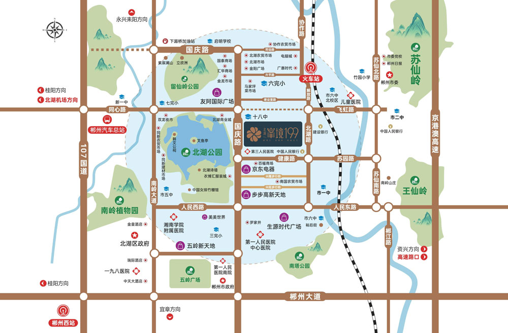 郴州北湖峯境199选址于郴州市北湖公园旁，依托紧邻公园的区位优势，业主日常可便捷享受公园的生态绿意与休闲空间，居住环境的宜居属性突出，同时明确的区位标识也方便购房者快速定位项目位置。