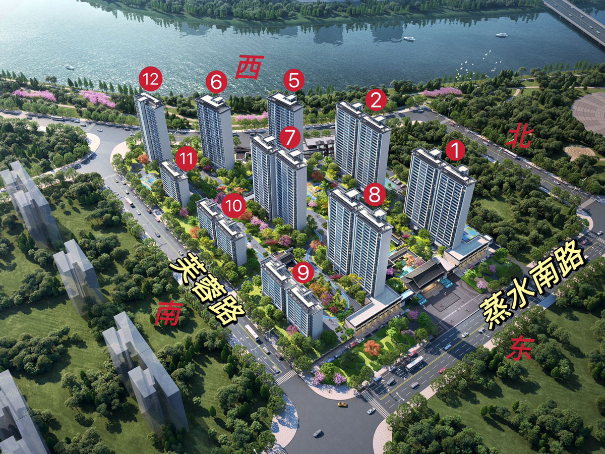 衡阳拓兴・臻玺湾楼盘坐落于衡阳市华新蒸水南路与芙蓉路交汇处（华新汽车站对面），项目占地面积 39741㎡，建筑面积 127728㎡，由衡阳拓居房地产开发有限公司开发建设。