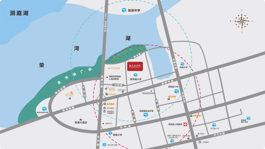 岳阳县新天地江山云起项目位于岳阳县荣湾湖小学北侧（青山路与城北路交汇处），项目占地面积3万㎡，总建筑面积约132803.92㎡，其中住宅建筑面积110165.44㎡、