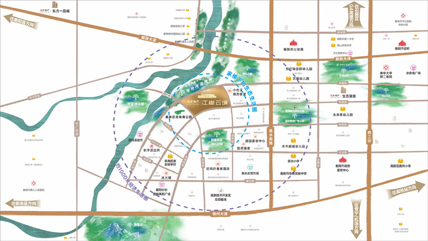 衡阳江樾云境，落址衡阳市华新陆家新区临水路3号，紧邻雁鸣溪网红桥，占地约5.59万㎡，总建面约18.58万㎡，容积率&le;2.5，由14栋住宅+1栋会所组成，规划816户，衡阳福源地产匠心筑就宜居范本。