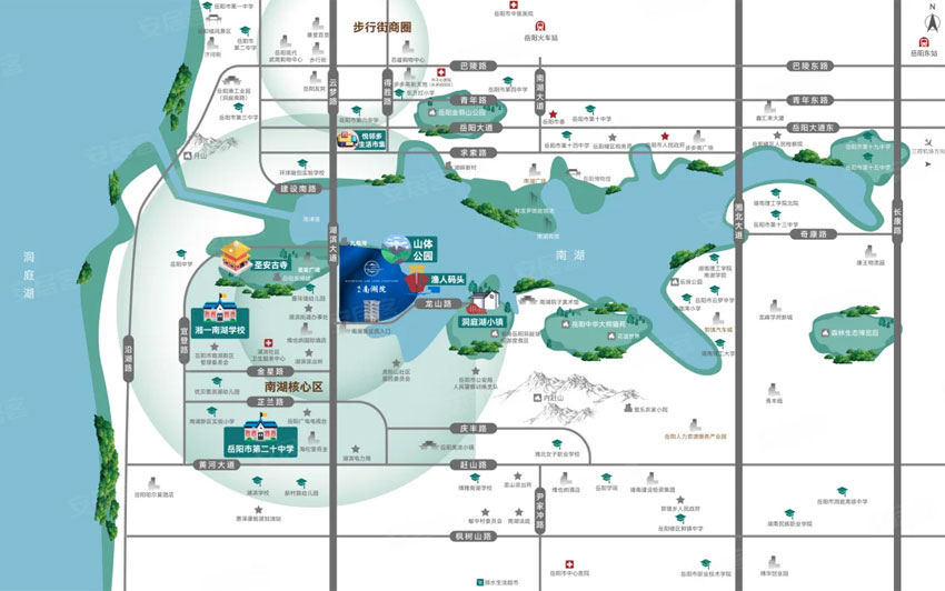 观山&middot;南湖院位于岳阳湖滨大道与龙山路交汇处，作为新规第四代复式作品，项目总占地面积约3.03万方，总建筑面积约9.15万方，容积率1.96，绿地率27.1%。项目规划总户数251户，